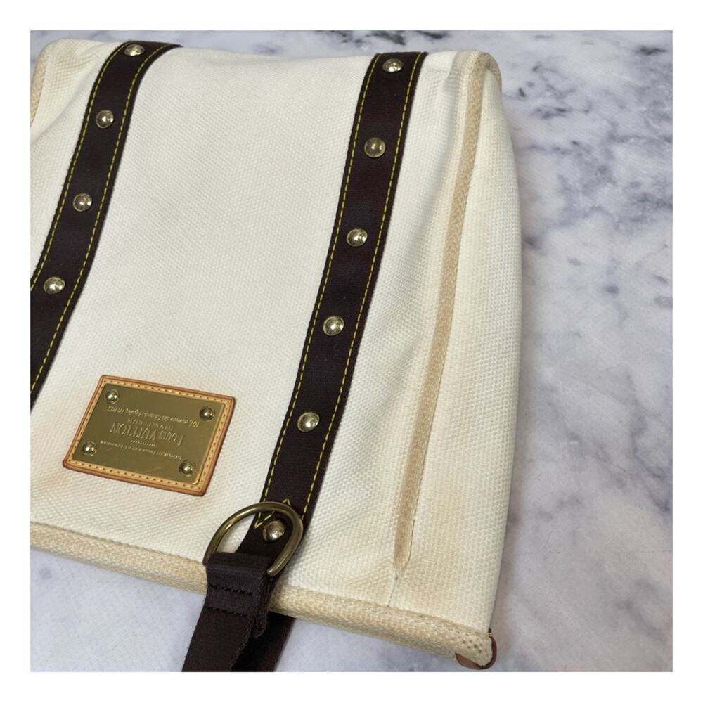 Louis Vuitton Antigua Cabás MM Canvas Tote Bag Cream Brown Trim Brass Rivets - Picture 11 of 12